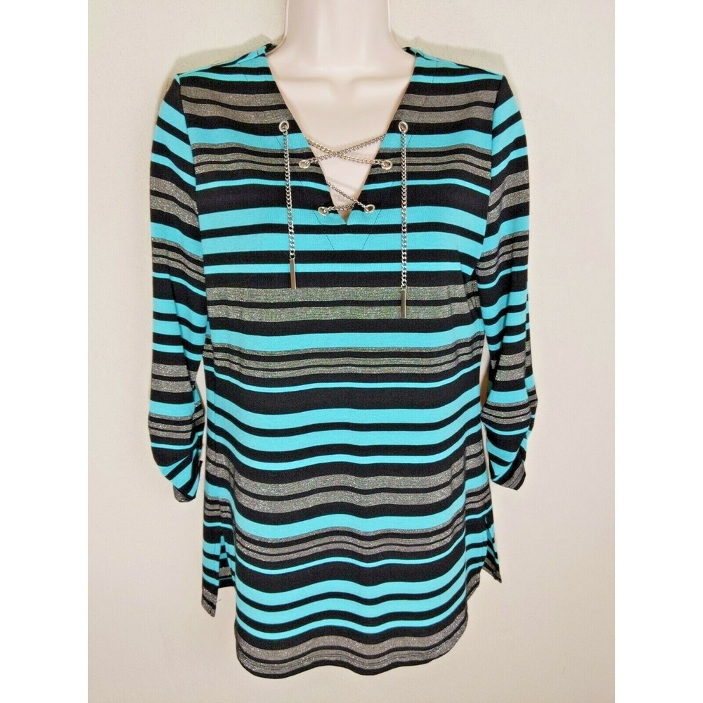 Peck & Peck Turquoise Metallic Black Stripe Lace Up Chain Grommet Closure Size S